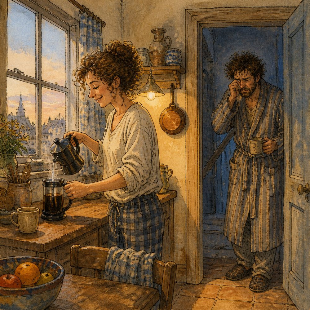 Watercolour of a kitchen at dawn, one person awake